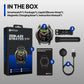 Smartwatch in box with silicone strap, magnetic charging base, USB cable, and manual
