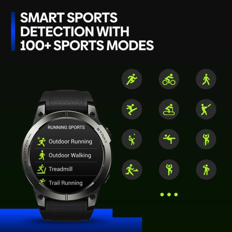 Black sports smartwatch with sports mode icons and running workout display