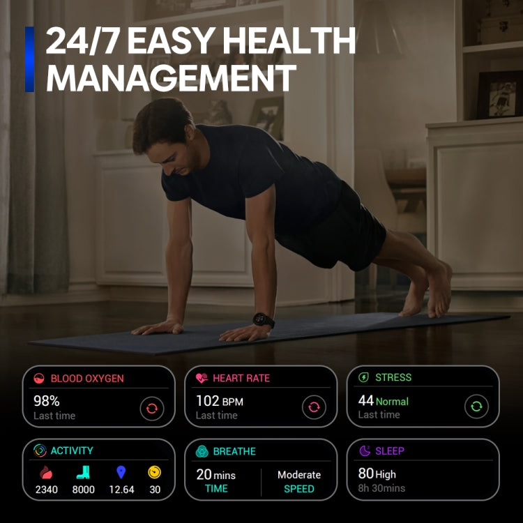 Black sports smartwatch app panels for heart rate, blood oxygen, stress, and sleep