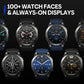 Round sports smartwatches with AMOLED displays, metal cases and blue or black straps