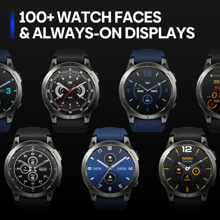 Round sports smartwatches with AMOLED displays, metal cases and blue or black straps