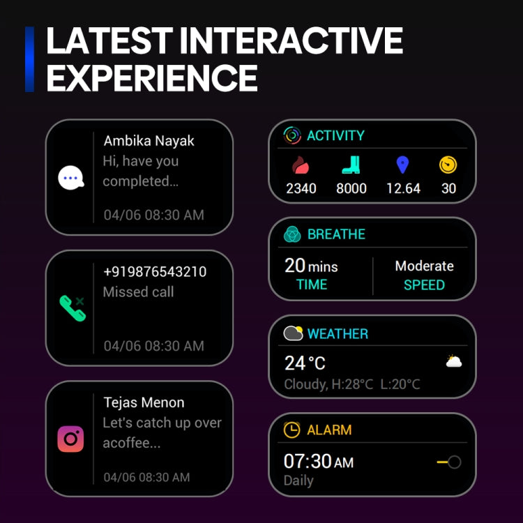 Black sports smartwatch with app-style screens for messages, activity, and calls