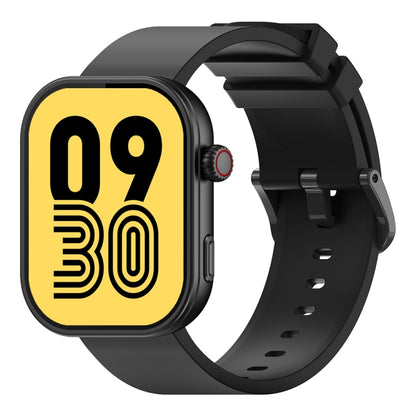 Black voice-calling smartwatch with yellow time display, silicone strap