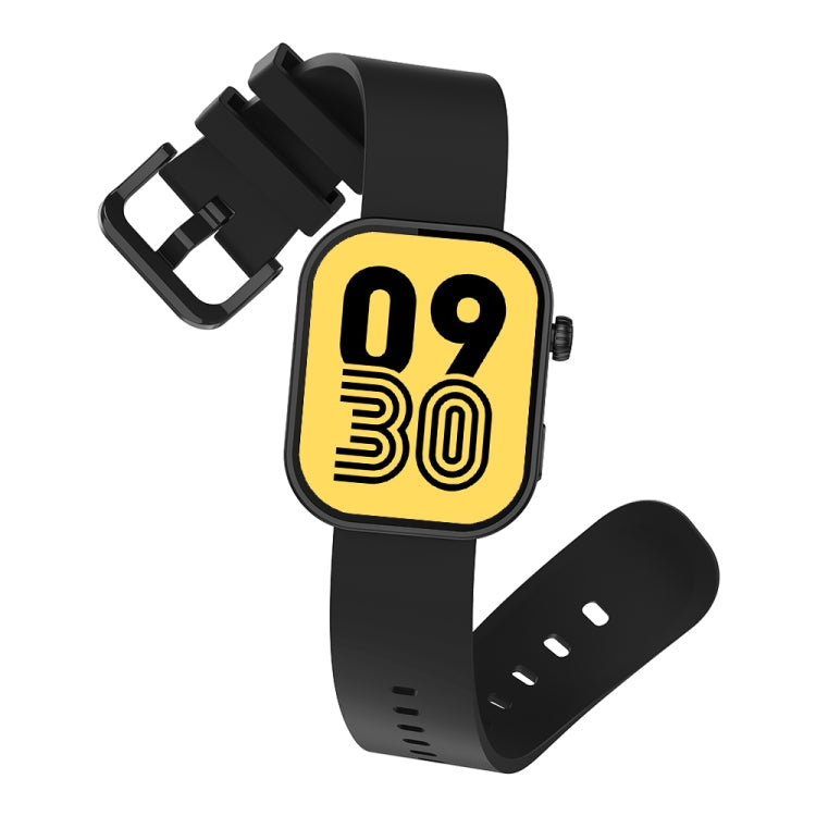Black voice-calling smartwatch showing yellow 09:30 screen, angled side view