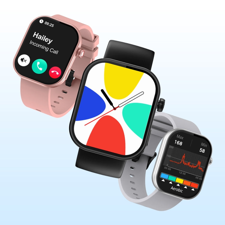 Pink and black voice-calling smartwatches with colorful displays, silicone bands