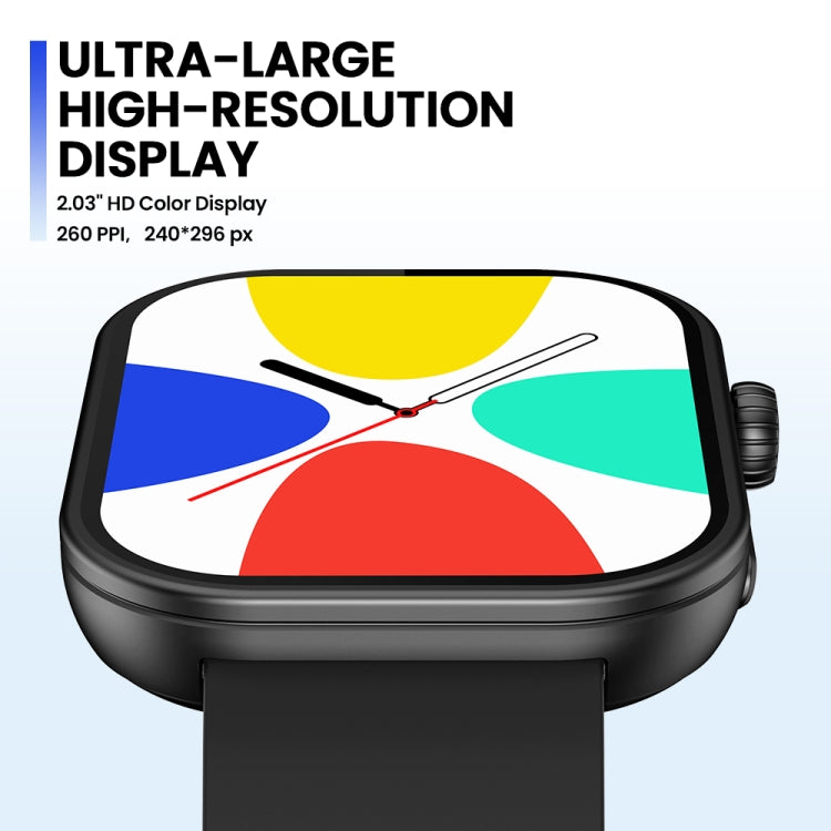 Black voice-calling smartwatch close-up with colorful screen and rounded bezel
