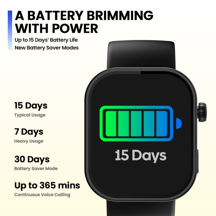 Black square-screen smartwatch with battery indicator graphic and side controls
