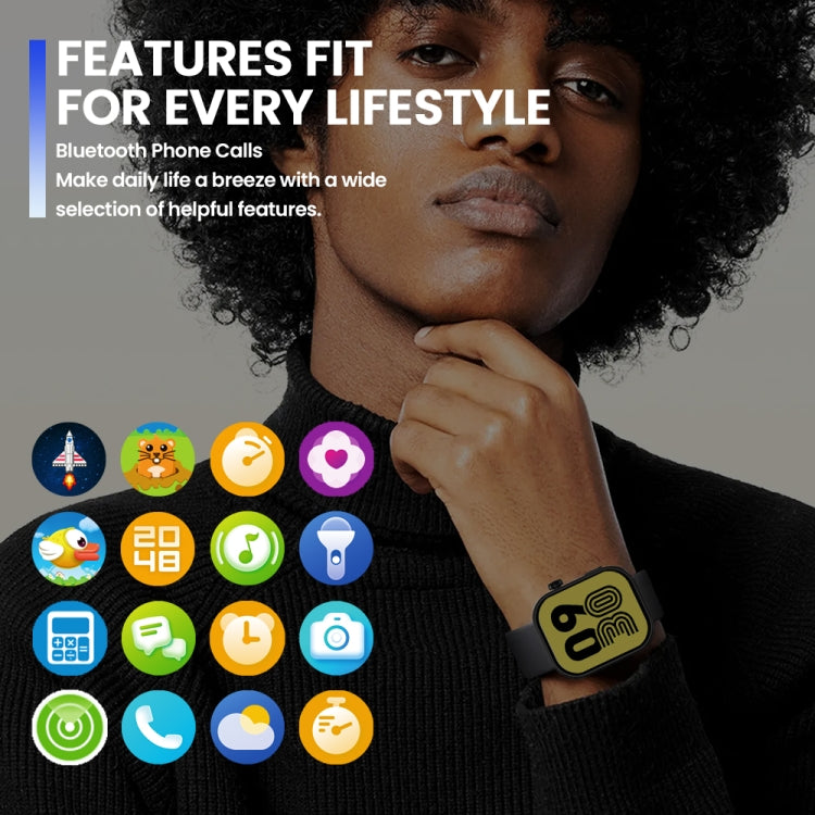 Black smartwatch on wrist with colorful app icons on square screen