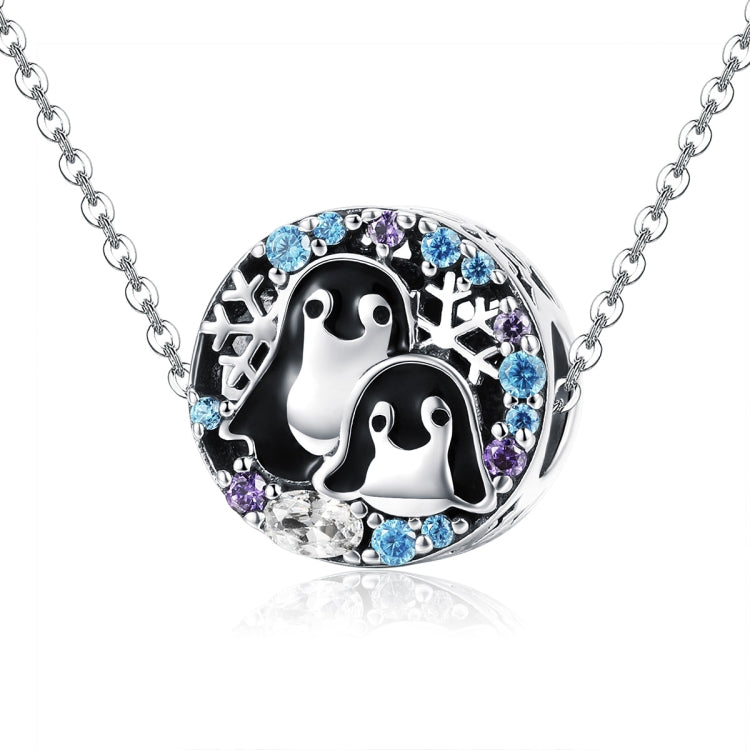 Sterling silver penguin bracelet charm with chain, enamel penguins, and blue/purple CZ stones