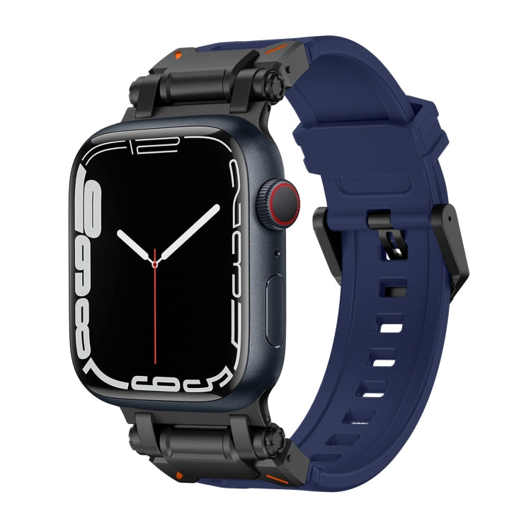 Explorer TPU watch band in blue with black connectors, shown on an Apple Watch.