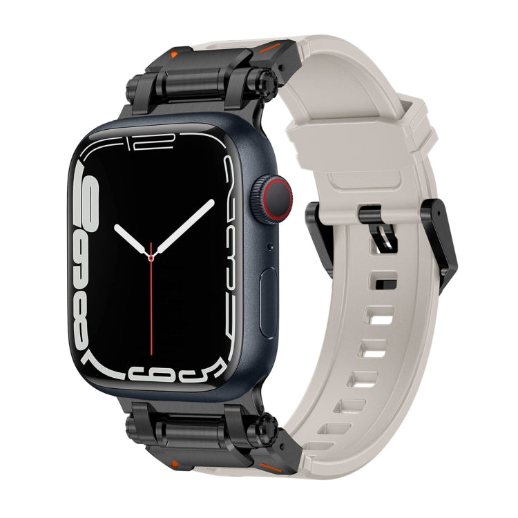 Explorer TPU watch band in starlight with black connectors, shown on an Apple Watch.
