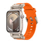 Apple Watch with titanium-tone case and bright orange TPU band, adjustable with buckle