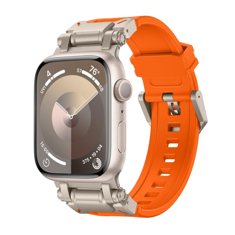 Apple Watch with titanium-tone case and bright orange TPU band, adjustable with buckle