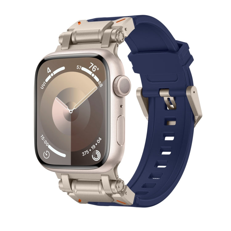 Apple Watch with titanium-tone case and navy blue TPU band, adjustable with buckle