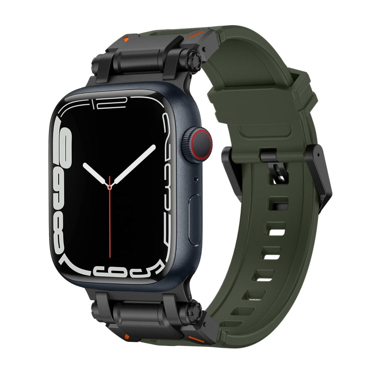 Apple Watch with dark case and dark green TPU band, adjustable with buckle
