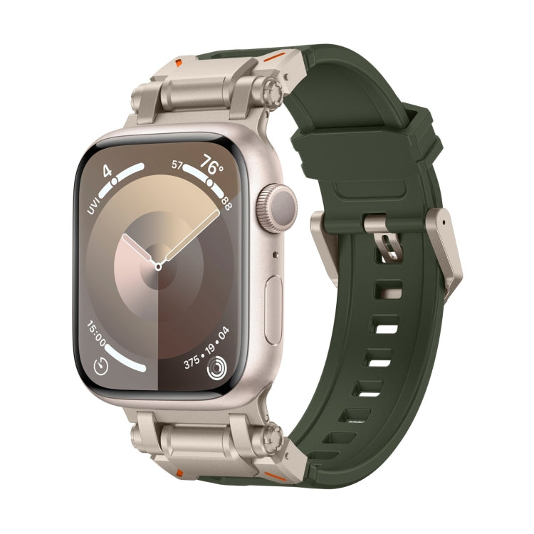 Apple Watch with dark green TPU band and titanium-tone case