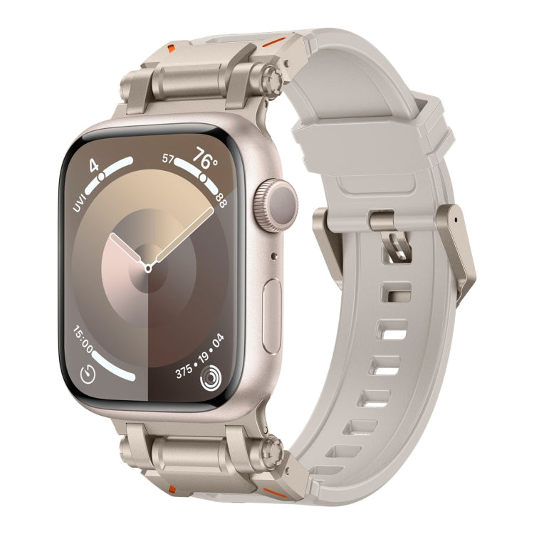 Explorer TPU watch band in starlight with a titanium-tone Apple Watch case.