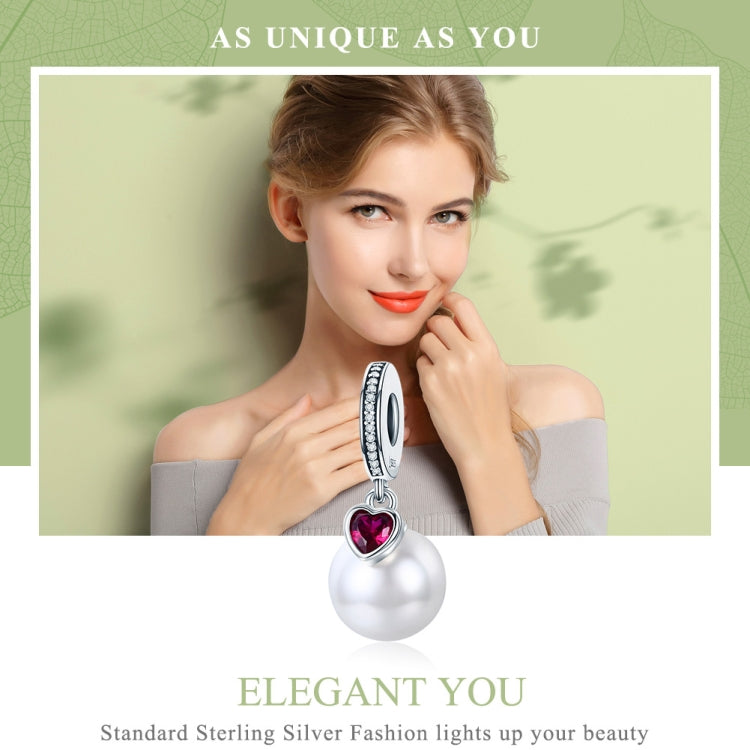 Silver charm bracelet bead pendant with red heart gem and white pearl drop