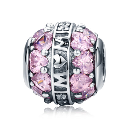 Sterling silver charm bead with pink heart-cut crystals