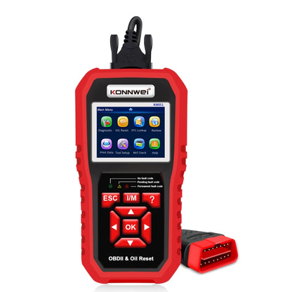 Car OBDII diagnostic scanner with red handheld screen and OBD connector cable