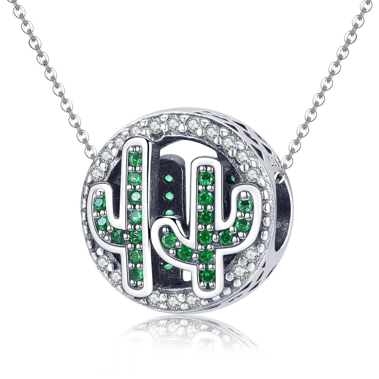 Sterling silver cactus charm pendant bead with green crystal inlay and pave border