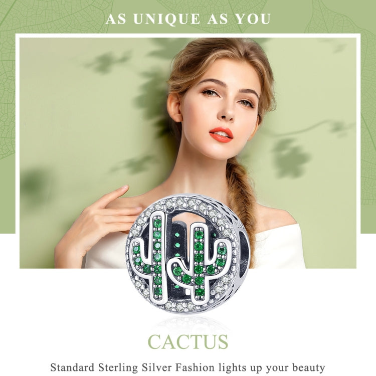 Large sterling silver round cactus charm bead with green crystal inlay and pave stones