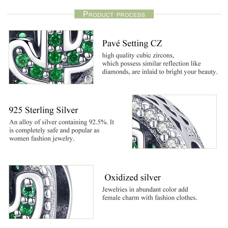 Close-up of sterling silver cactus charm bead with green crystal inlay and pave stones