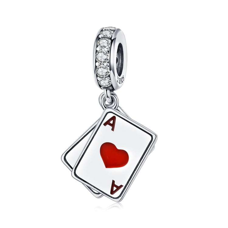 Sterling silver playing-card charm set with red heart and black spade, pave CZ borders