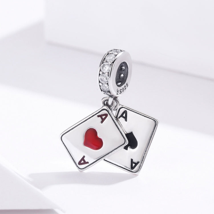 Sterling silver playing-card charm set with red heart A and black spade A, pave CZ accents