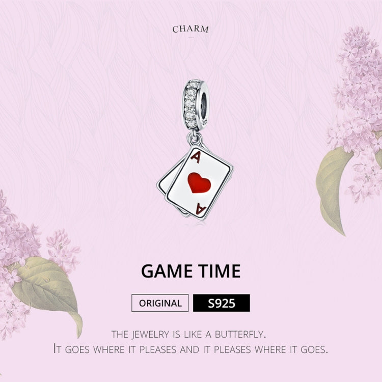 Playing card charm with red heart A and black spade A, pave CZ ring and loop