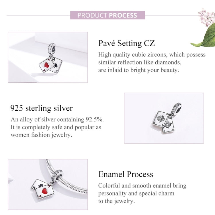 Sterling silver playing-card charm with red heart and black spade on bracelet chain