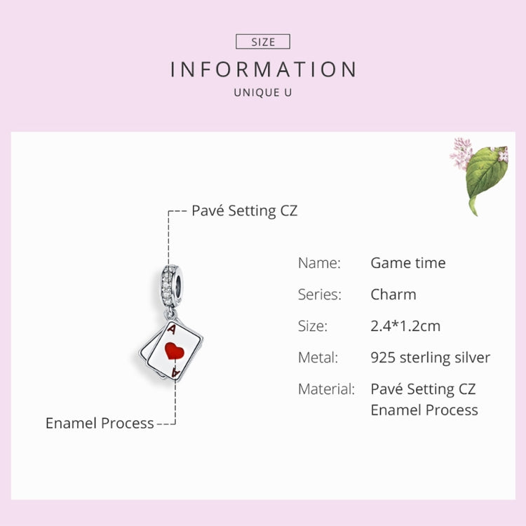 Sterling silver card charm with red heart A and black spade A, shown on bracelet