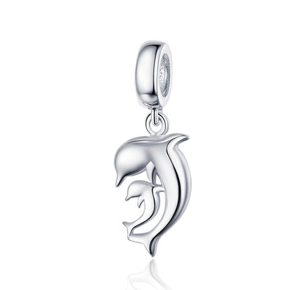 Silver-tone dolphin charm pendant with top loop and circular connector bail