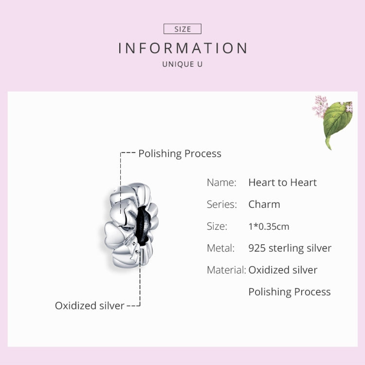Silver heart charm bead on information card, heart-to-heart charm design
