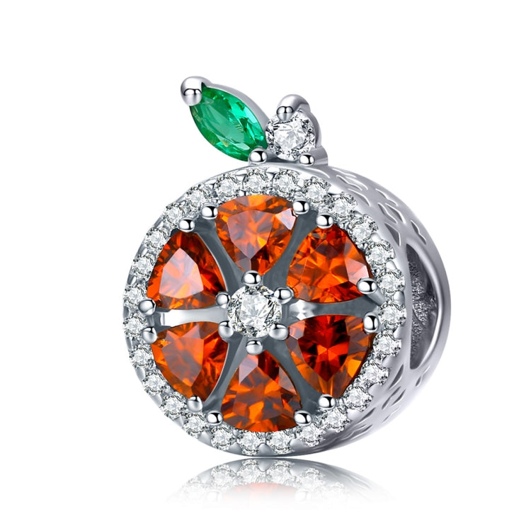 Sterling silver grapefruit fruit charm bead with orange CZ gems and green enamel leaf