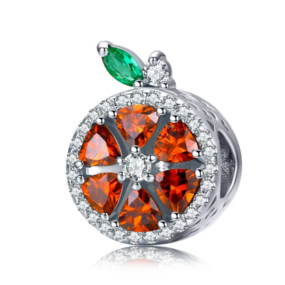Sterling silver grapefruit fruit charm bead with orange CZ gems and green enamel leaf