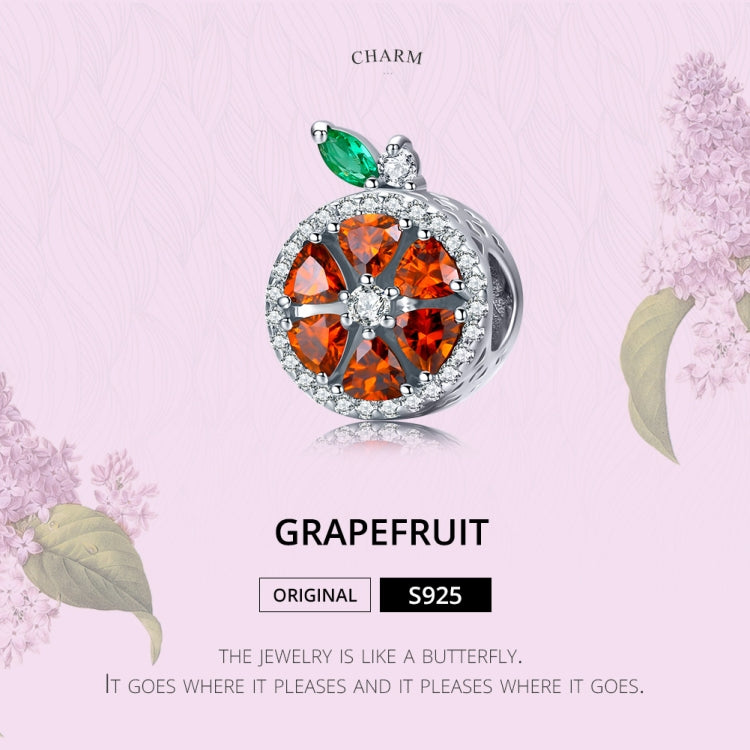 Sterling silver grapefruit charm bead with orange CZ circle and green enamel leaf