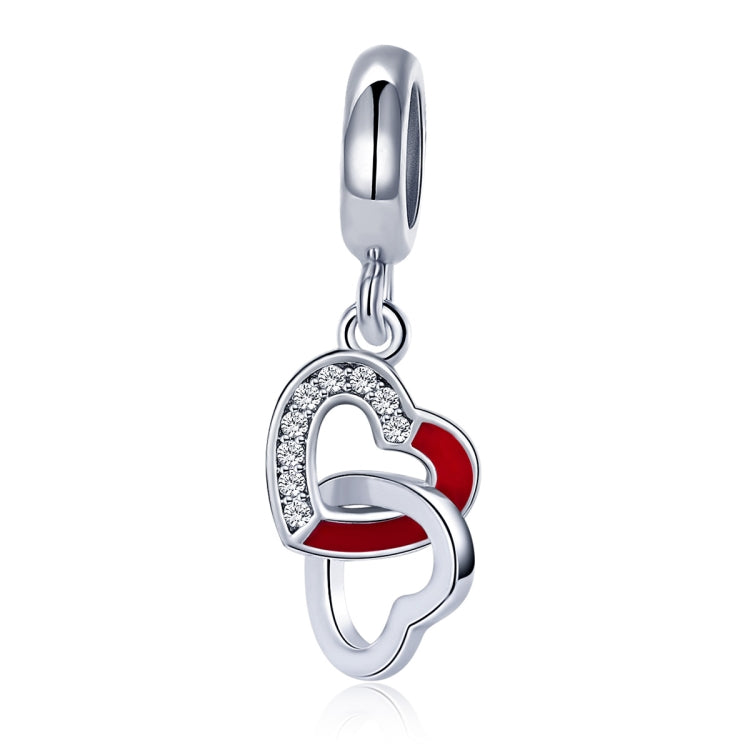 Sterling silver heart-to-heart charm pendant with red enamel and sparkling stone border