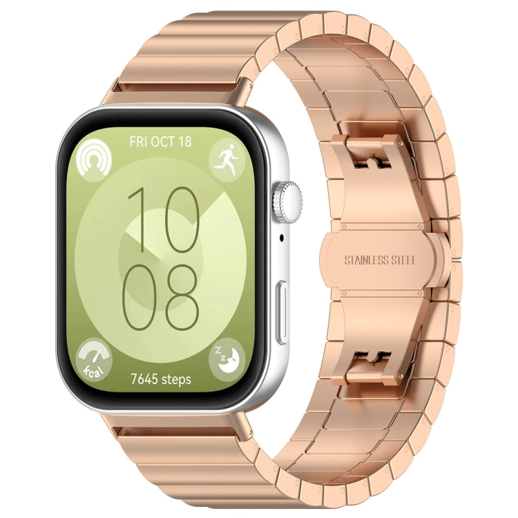 Rose gold stainless steel watch band with linked segments and clasp, shown on a smartwatch.