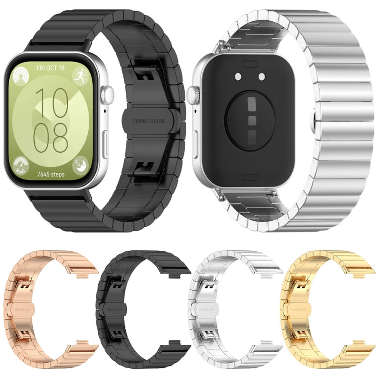 Stainless steel watch bands in black, rose gold, silver, and gold, shown from front and back.