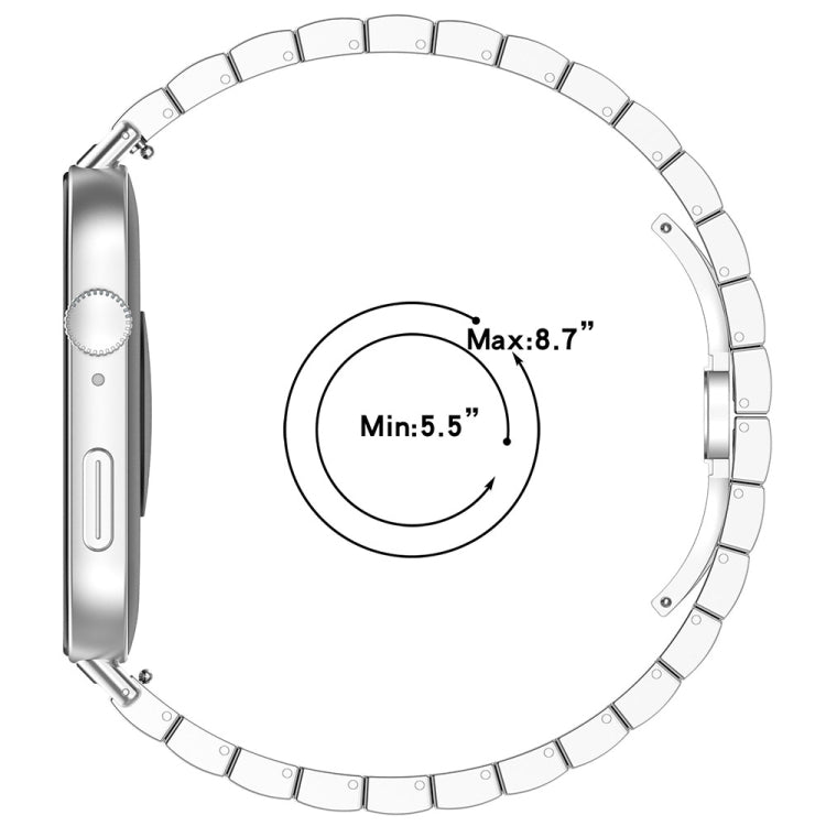 Stainless steel watch band sizing diagram showing a wrist fit range of 5.5 to 8.7 inches.