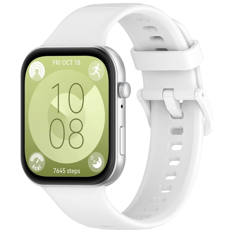 White silicone sports watch band attached to a smartwatch, shown from the display side