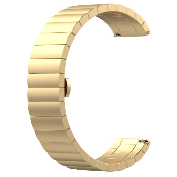 Golden stainless steel watch strap with butterfly buckle and polished metal link bracelet