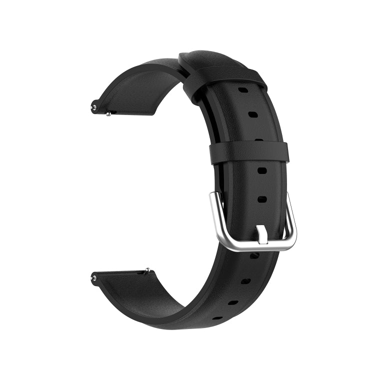 Black 22mm leather watch strap with round tail buckle and metal clasp
