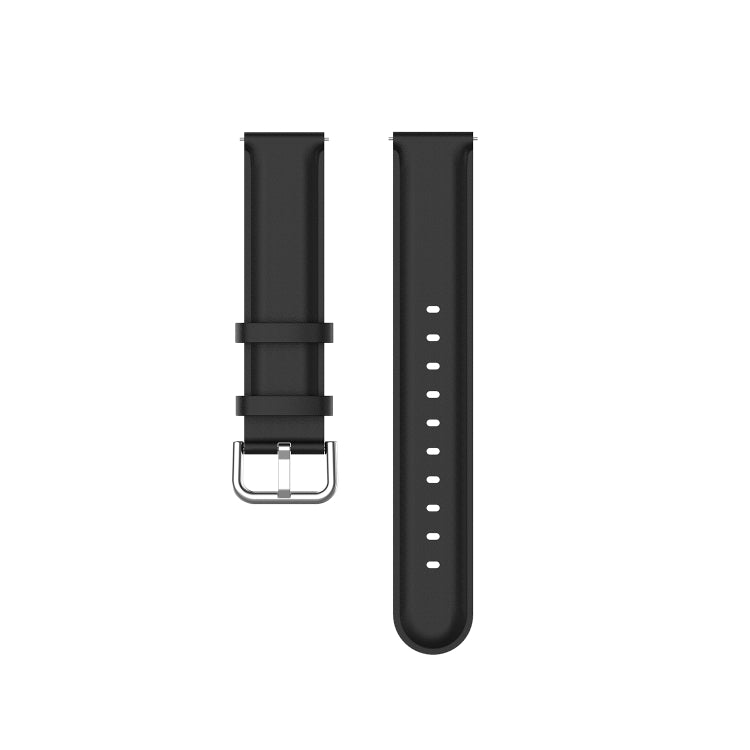 Black 22mm leather watch strap with round tail buckle and adjustment holes