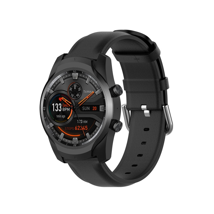 Black 22mm leather watch strap with round tail buckle on smartwatch