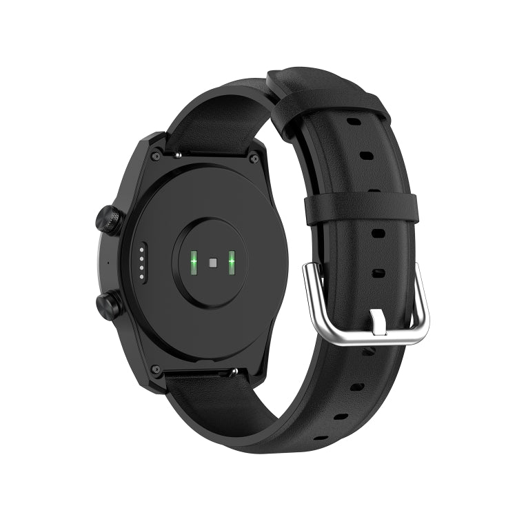 Black 22mm leather watch strap with round tail buckle on watch back