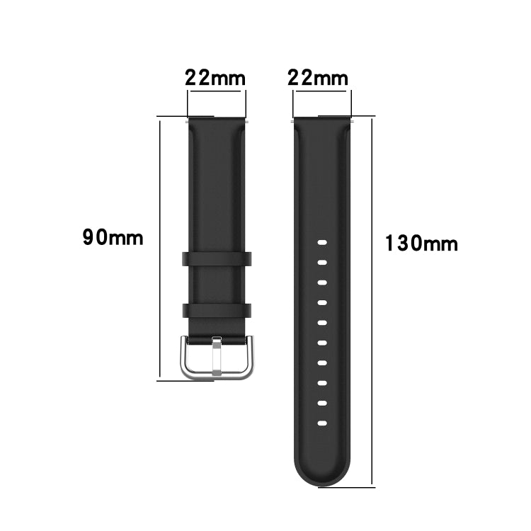 Black 22mm leather watch strap size diagram: 90mm and 130mm lengths