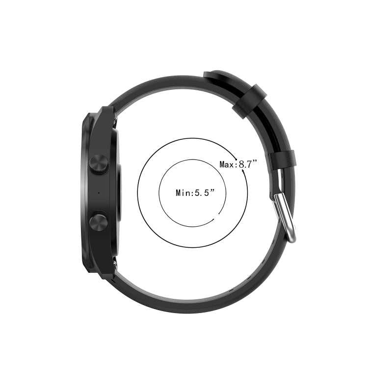 Black 22mm leather watch strap with round tail buckle; min 5.5in max 8.7in