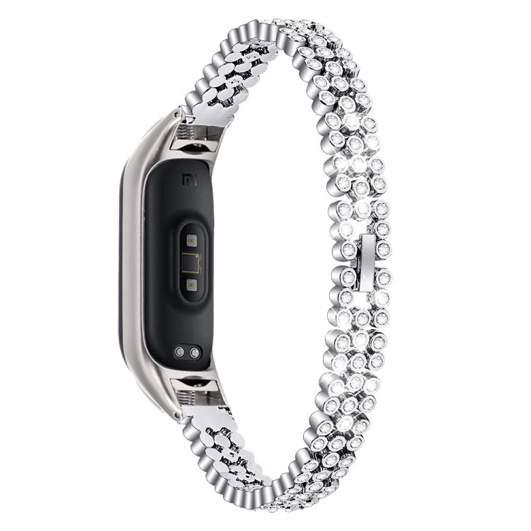 Diamond-studded stainless steel replacement wrist strap, silver, with watch frame